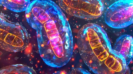 A colorful image capturing the dynamic nature of mitochondria with different shades representing varying levels of energy production - obrazy, fototapety, plakaty
