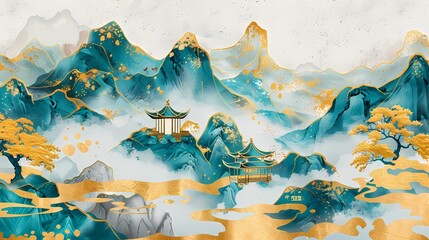 Traditional golden green mountain pavilions illustration poster background
