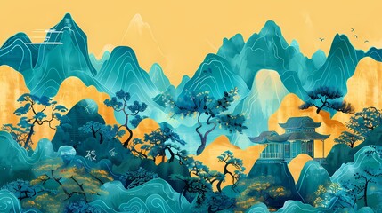 Fototapeta na wymiar Traditional golden green mountain pavilions illustration poster background