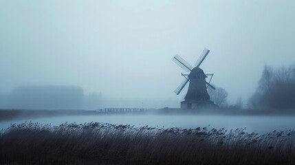 A photo of a lonely windmill in the fog. A calm and mysterious landscape. Grain processing technologies. Generative AI - obrazy, fototapety, plakaty