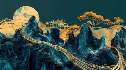 Traditional golden green mountain pavilions illustration poster background