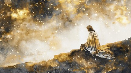 Jesus praying on Mount of Olives gold watercolor night sky against white