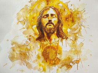 Jesus sacred heart in vibrant gold watercolor on white