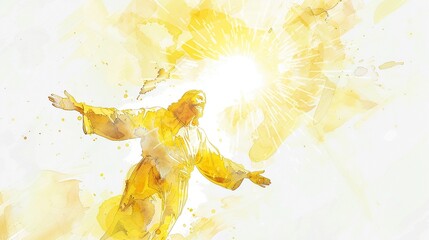 Jesus triumphant resurrection with gold watercolor light against white