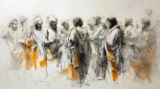 Hand-drawn scenes from the Acts of the Apostles white background