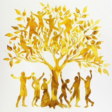 Jesus as the vine with believers as branches in vibrant gold watercolor against white
