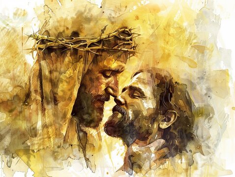 Jesus healing the sick with compassionate eyes against a soft gold watercolor backdrop on white