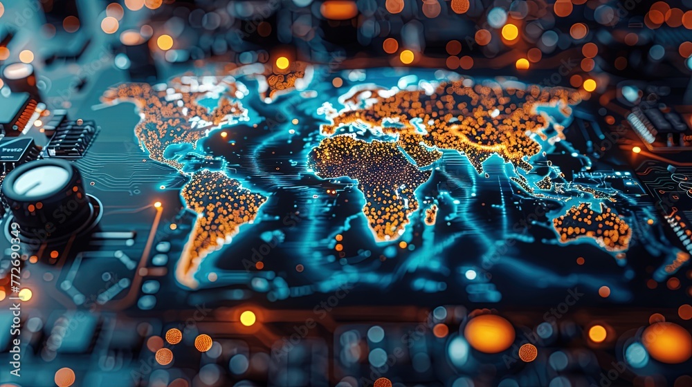 Poster the illuminated digital map of the world is engraved on a dark printed circuit board. innovative pc.