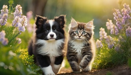 Naklejka na ściany i meble cute fluffy black and white kitten and puppy walk through a spring garden