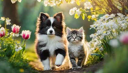cute fluffy black and white kitten and puppy walk through a spring garden