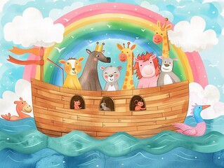Whimsical hand-drawn depiction of Noahs Ark with cute animals peeking out