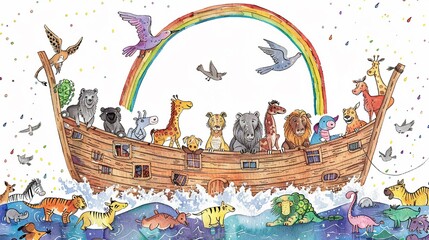 Whimsical hand-drawn depictions of Noahs Ark