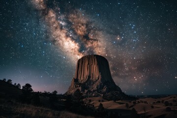 Night photography capturing the Milky Way galaxy over Devils Tower, Wyoming. A scenic marvel of the night sky.