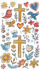 Whimsical hand-drawn designs of Christian symbols and messages white background