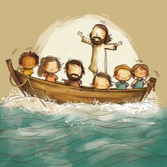 Whimsical hand-drawn scene of Jesus walking on water