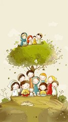 Whimsical sketches of the beatitudes represented by cute