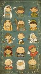 Whimsical sketches of the beatitudes represented by cute