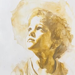 Young Jesus at the temple in gold watercolor divine aura against white