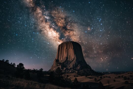 Night photography capturing the Milky Way galaxy over Devils Tower, Wyoming. A scenic marvel of the night sky.