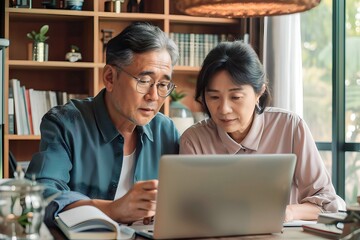 an asian old married couple is playing on a laptop