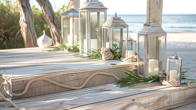 Whitewashed wooden planks adorn the sides of this podium reminiscent of a weathered beach boardwalk. A of lanterns and nautical rope . .