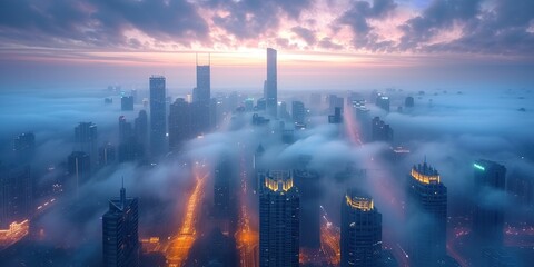 An aerial view of skyscrapers in the fog. Beautiful fog skyline. Calm atmosphere. Business wallpapers. Generative AI