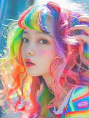 虹色の髪色のアジア人女性
