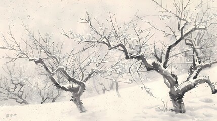 Fototapeta na wymiar Digital snow scene ink plum blossom abstract illustration poster web page PPT background