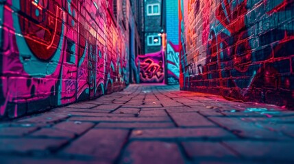 Amidst the gritty alleyways and brick buildings the graffiti street art takes on a new life with neon accents and glowing outlines. . . - obrazy, fototapety, plakaty