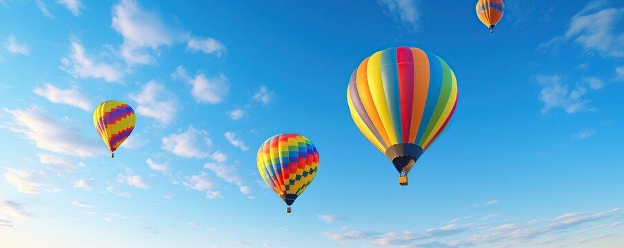Hot air balloons flying in blue sky.