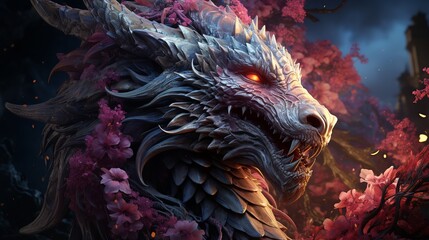 Fantasy dragon with fire and smoke in the background - obrazy, fototapety, plakaty