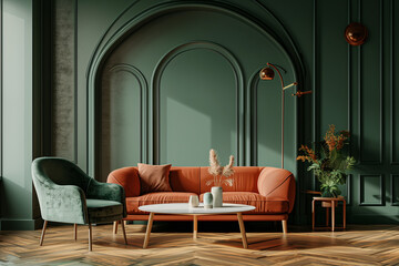 Scandinavian interior design of modern living room, home. Round coffee table near sofa and chair against green wall with arches and wainscoting.