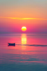 Transcendent Solitude: A Scenic Sunset View over the Ocean with a Solitary Boat in the Distance