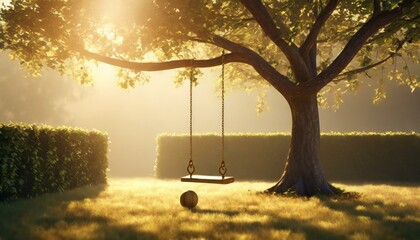tree with a swing on one branch in backyard with a hedge on two sides early morning dreamy