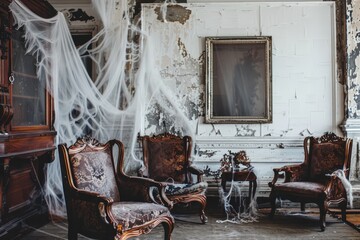 Halloweenthemed living room with spider webs, chairs, and decor