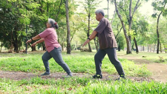 Elderly Asian couple warms up and does exercises to keep their bodies flexible and agile take care of their health and cheer up their minds in a shady garden : Health care and health insurance concept