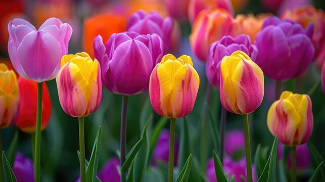 Colorful tulips in bloom, vibrant spring flowers background.