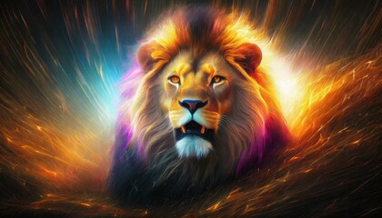 Roaring Lion. Detailed fur. High detail. abstract dark. background. back lighting. warm ligh 