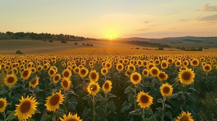 Sunset over a vibrant sunflower field with rolling hills in the background.