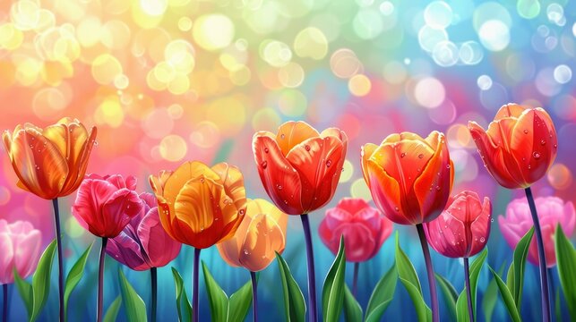 Colorful tulips on a vibrant bokeh background.