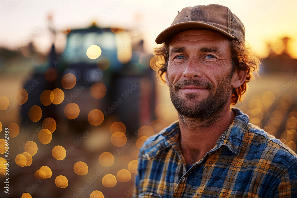 Wall mural a man standing in front of a tractor in a field. ai generative.