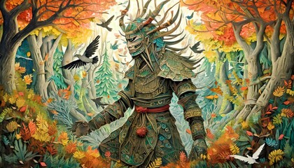 SURREAL Dream of a ronin and nature merging, paper Mache style, wild autumn forest growing