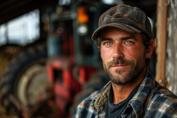 Obraz premium A man standing in front of a tractor in a field. AI generative.