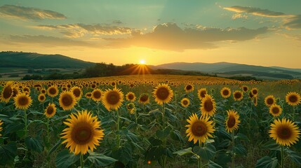 Sunset over a field of sunflowers with rolling hills in the background, warm golden light bathing the landscape. - obrazy, fototapety, plakaty