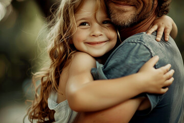 Happy Fathers Day with a dad and daughter hugging . AI generated