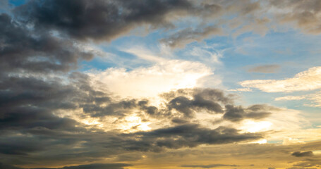 Golden sky sunrise dramatic beautiful landscape view. Dawn sky gold dusk time cloudscape with sunlight. Dramatic sunset scenic landscape. Beautiful landscape sunshine nature