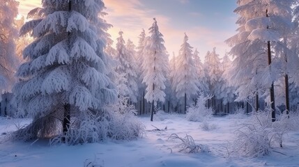 Beautiful winter landscape with snow covered trees in the forest at sunset
