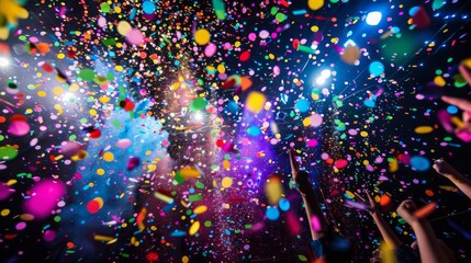 Transforming any occasion into a spectacle colorful explosions from confetti cannons create a festive atmosphere - obrazy, fototapety, plakaty