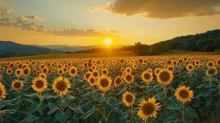 Sunset over a vibrant sunflower field with rolling hills in the background. - obrazy, fototapety, plakaty