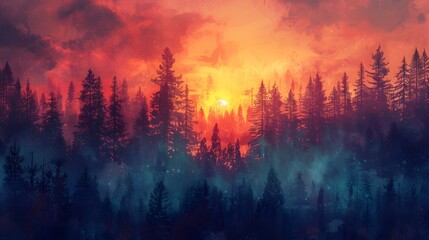 Captivating Sunset Glow over Enchanted Forest Landscape - obrazy, fototapety, plakaty